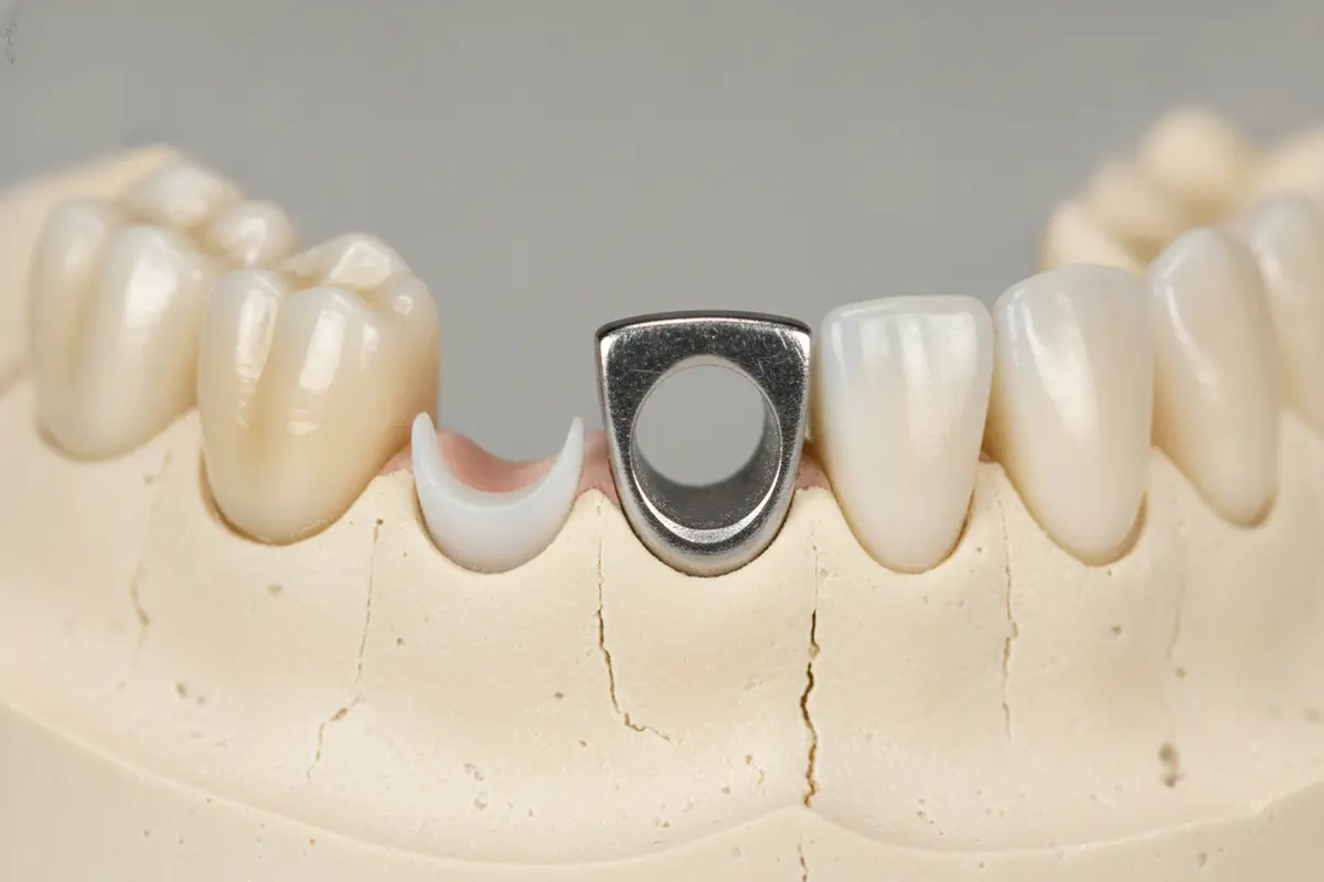 Illustration of a porcelain layer over a metal framework in a dental bridge