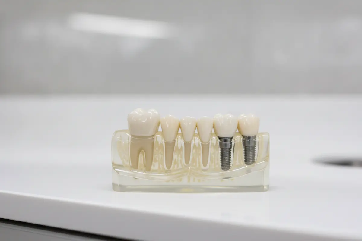 Illustration of restorative options including a crown, bridge, and implant-supported tooth