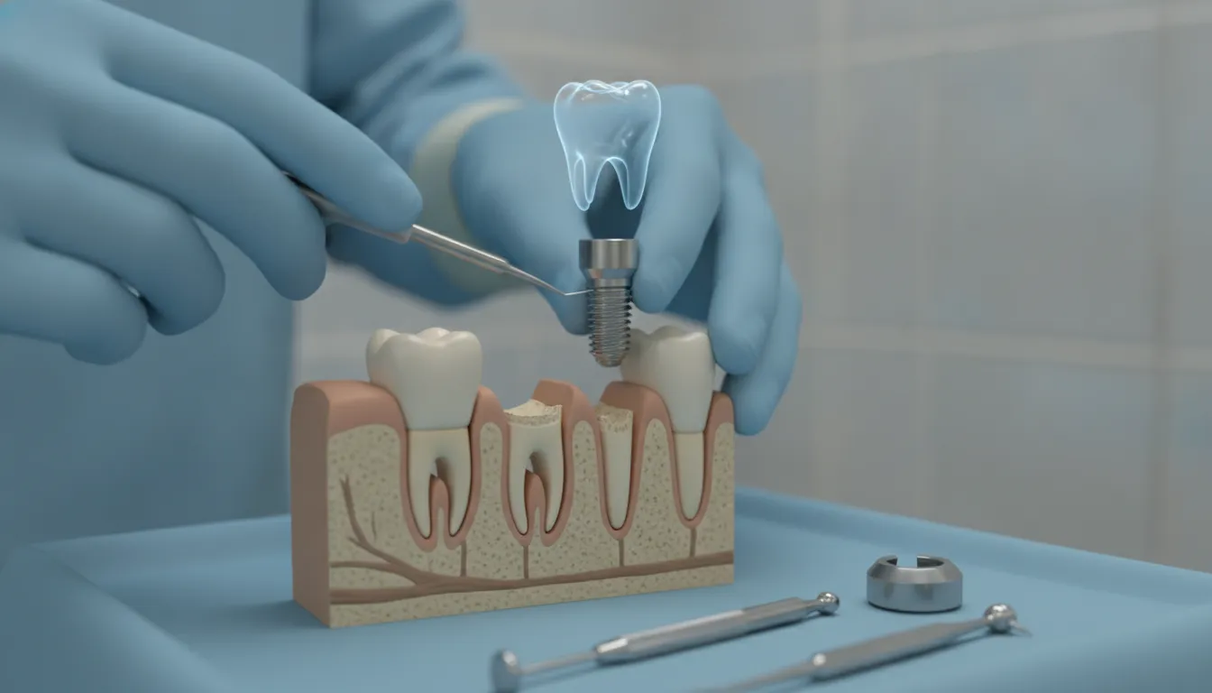 Illustration of an implant placed in a healing tooth socket