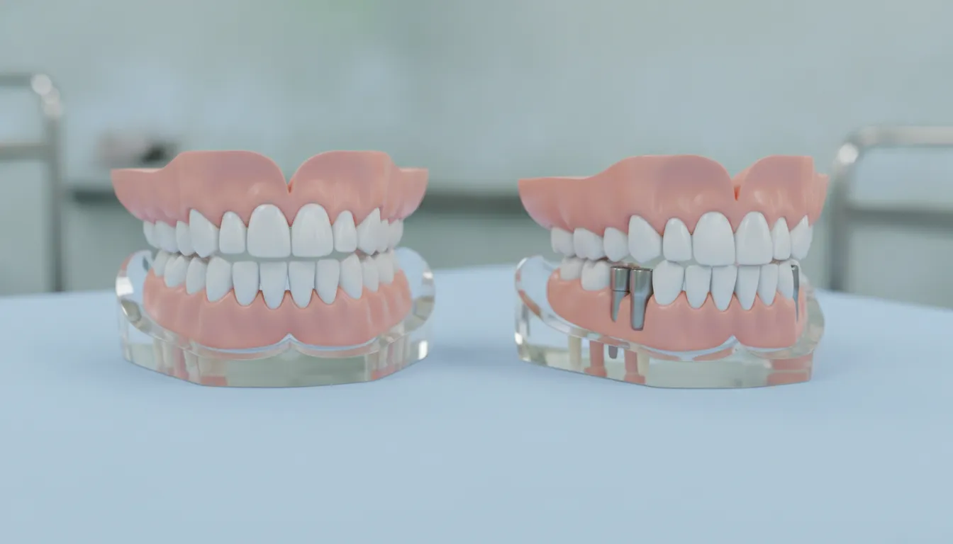 Illustration of removable implant-retained overdenture and fixed full-arch implant bridge designs