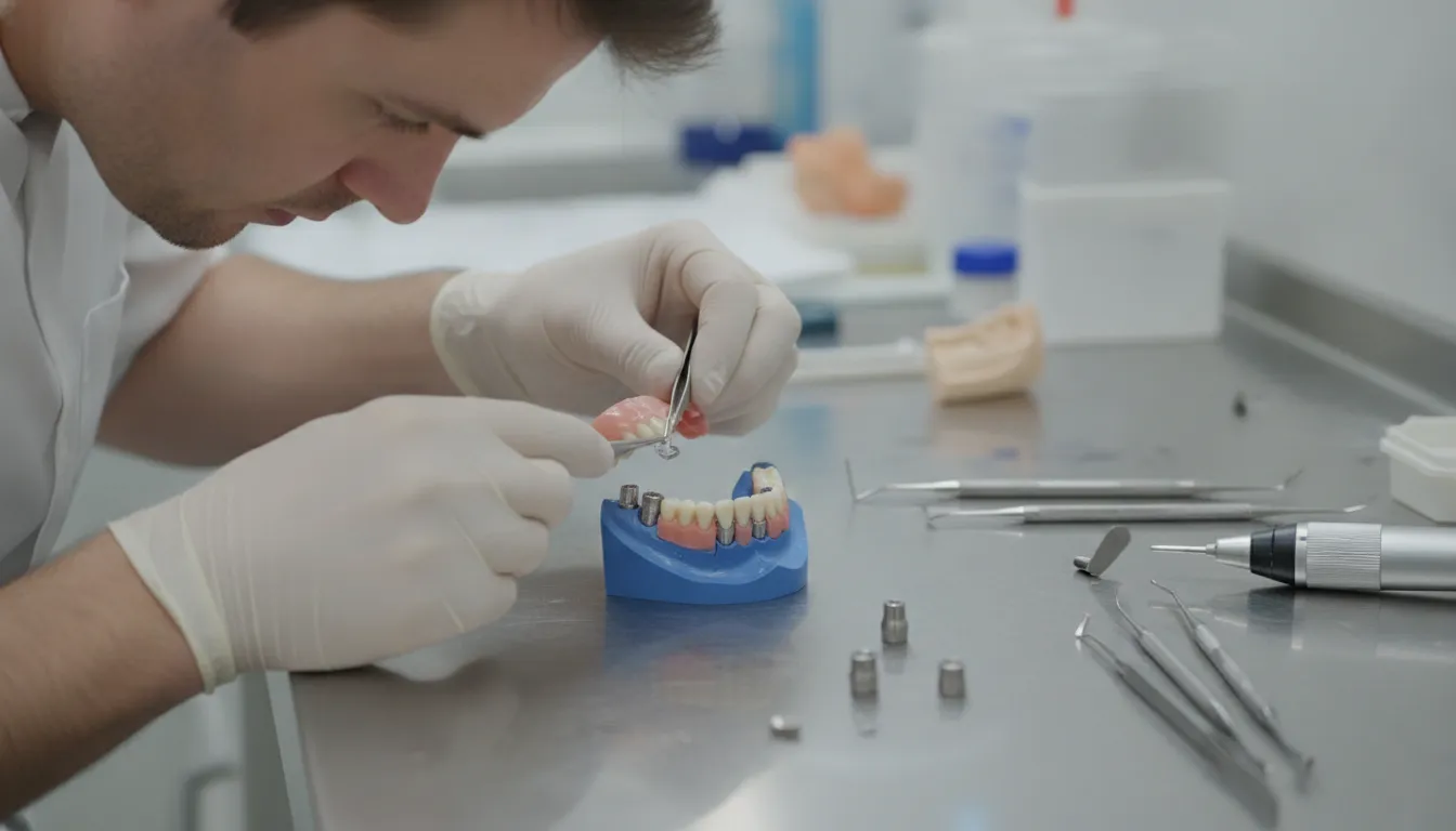 Illustration of cleaning and caring for an implant-retained denture