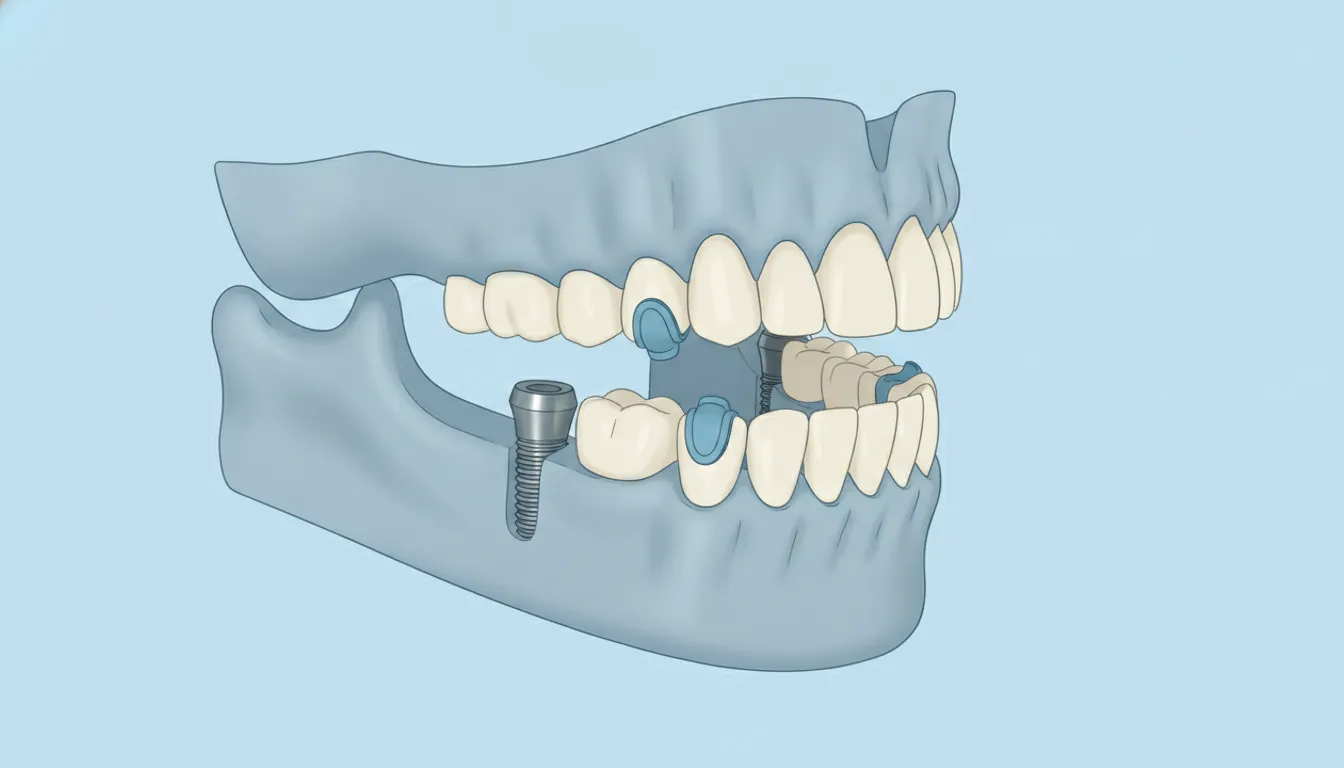 Educational cross-section showing a removable implant-retained overdenture attached to implant posts