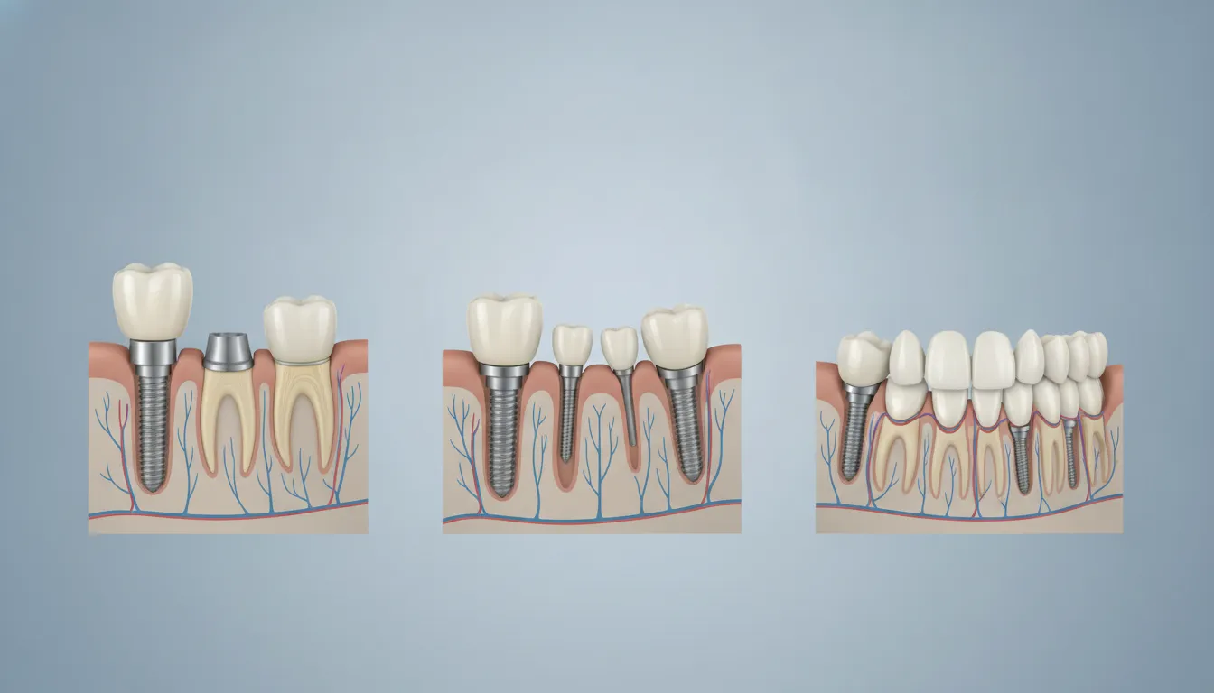Illustration of single-tooth, multiple-tooth, and full-arch dental implant pathways