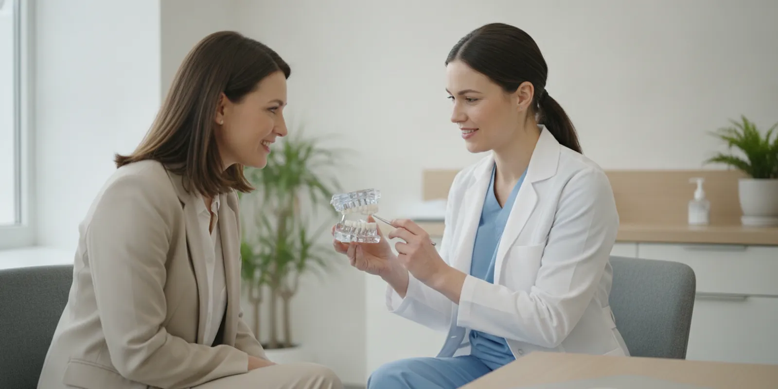 Dental professional showing a patient a model of an implant-supported denture.