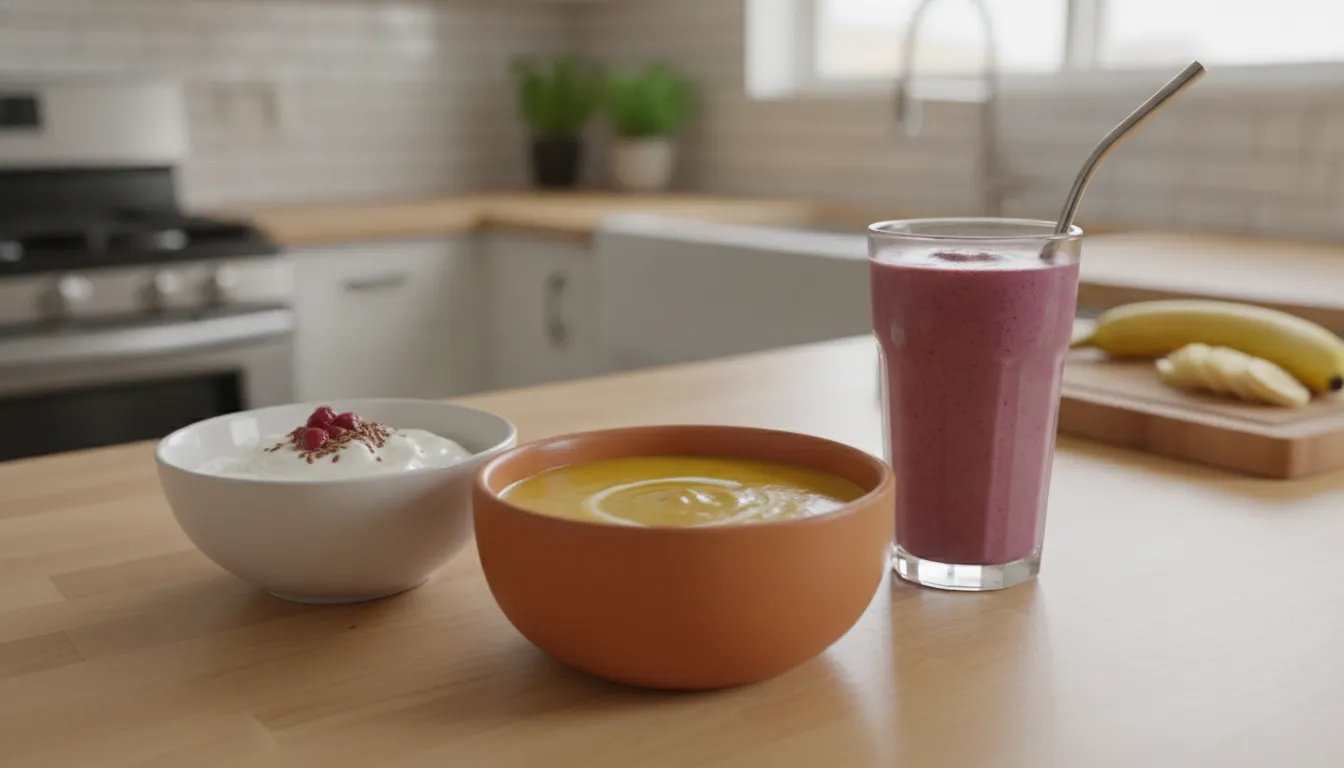 Bowl of creamy Greek yogurt, a glass of smoothie, and warm soup arranged on a kitchen counter for dental recovery