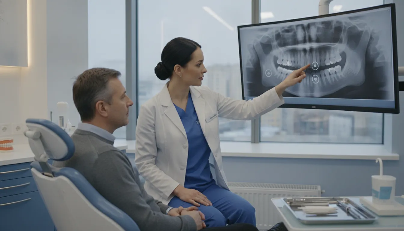 Prosthodontist reviewing dental implant CBCT scan with patient in a modern consultation room