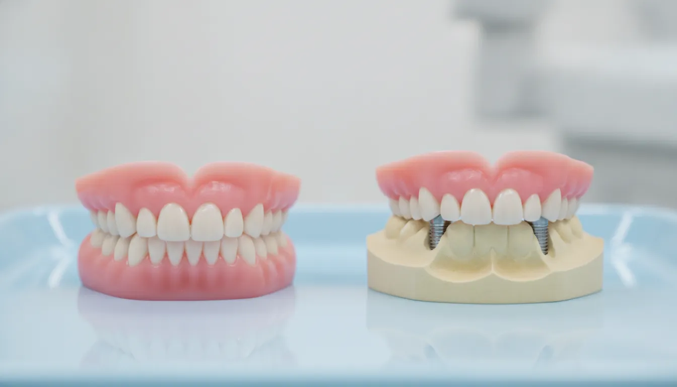 Diagram of a lower denture seated on the jaw ridge beside a denture stabilized by two dental implants