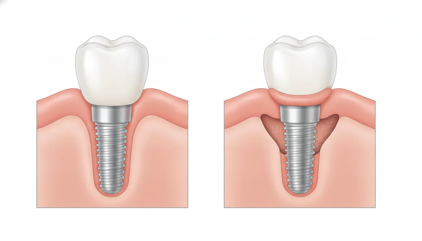 Side by side comparison of a healthy integrated dental implant and an implant with bone loss from peri-implantitis