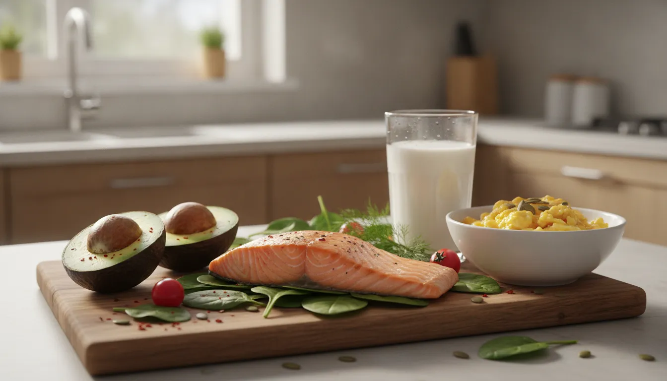 Nutrient-rich foods for implant recovery including salmon, avocado, eggs, and fresh spinach on a wooden board