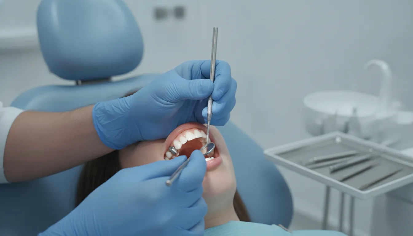 Prosthodontist examining a dental bridge and implant restoration in a modern clinical setting
