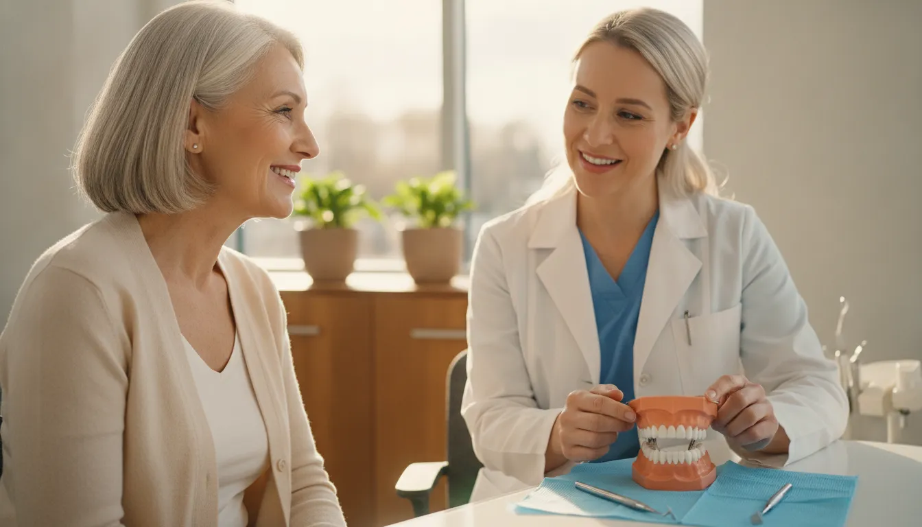 Patient discussing implant-supported denture options with a dental specialist