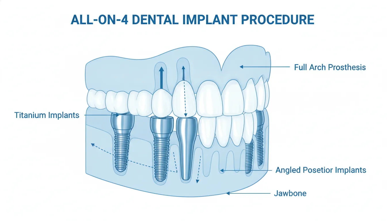Diagram showing the All-on-4 dental implant procedure with four titanium implants supporting a full arch of replacement teeth
