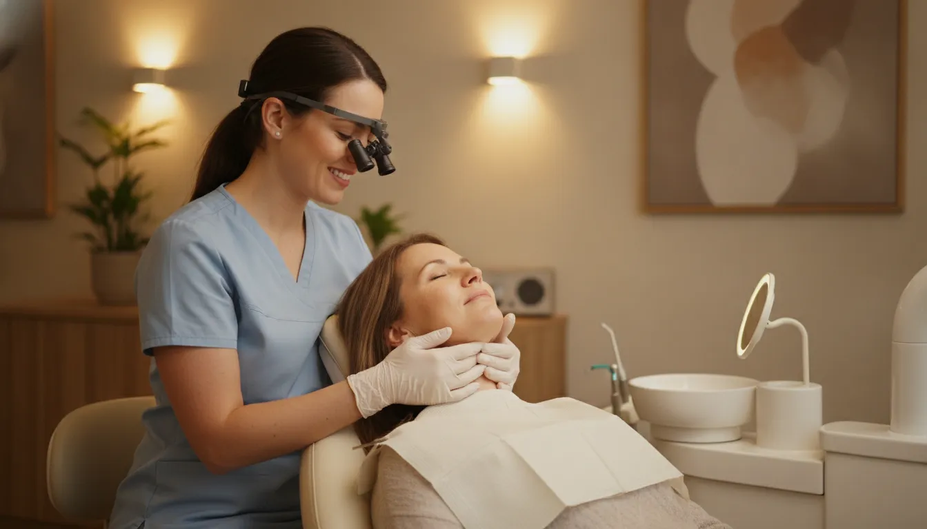 Dentist performing a gentle oral cancer screening examination on a patient in a modern dental office