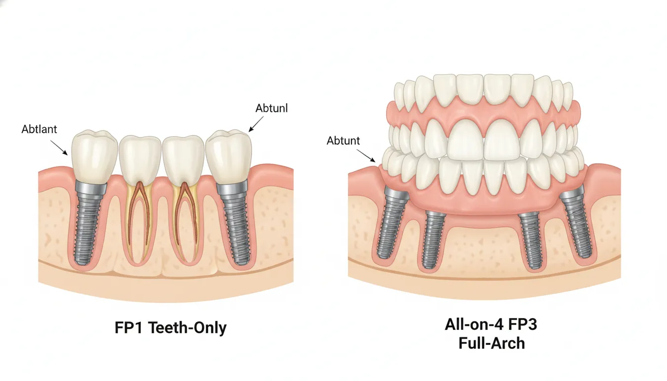 Diagram comparing FP1 teeth-only prosthesis emerging from natural gums versus All-on-4 FP3 prosthesis with prosthetic pink gum base