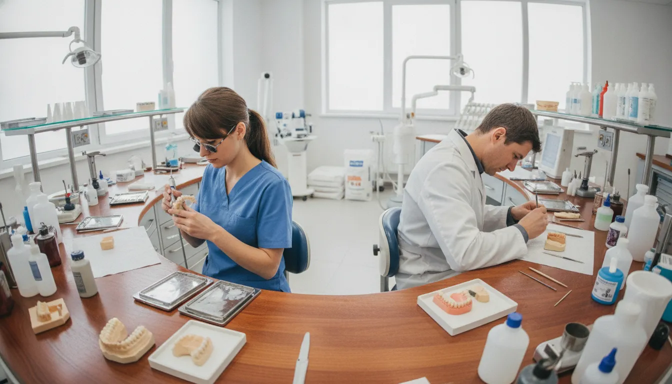 Dental team refining a temporary full-arch bridge during staged treatment planning