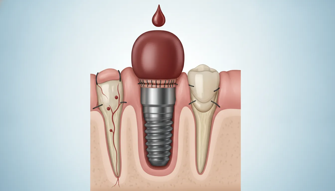 Cross-section of jawbone showing dental implant healing stages with titanium post integrated into bone tissue