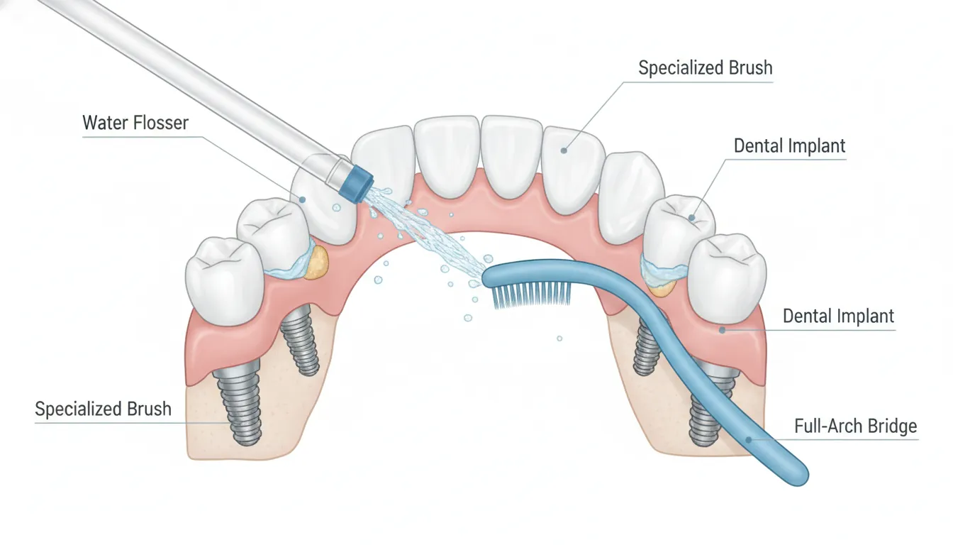 Dental hygiene illustration showing a water flosser and specialized brush cleaning under an All-on-4 full-arch bridge