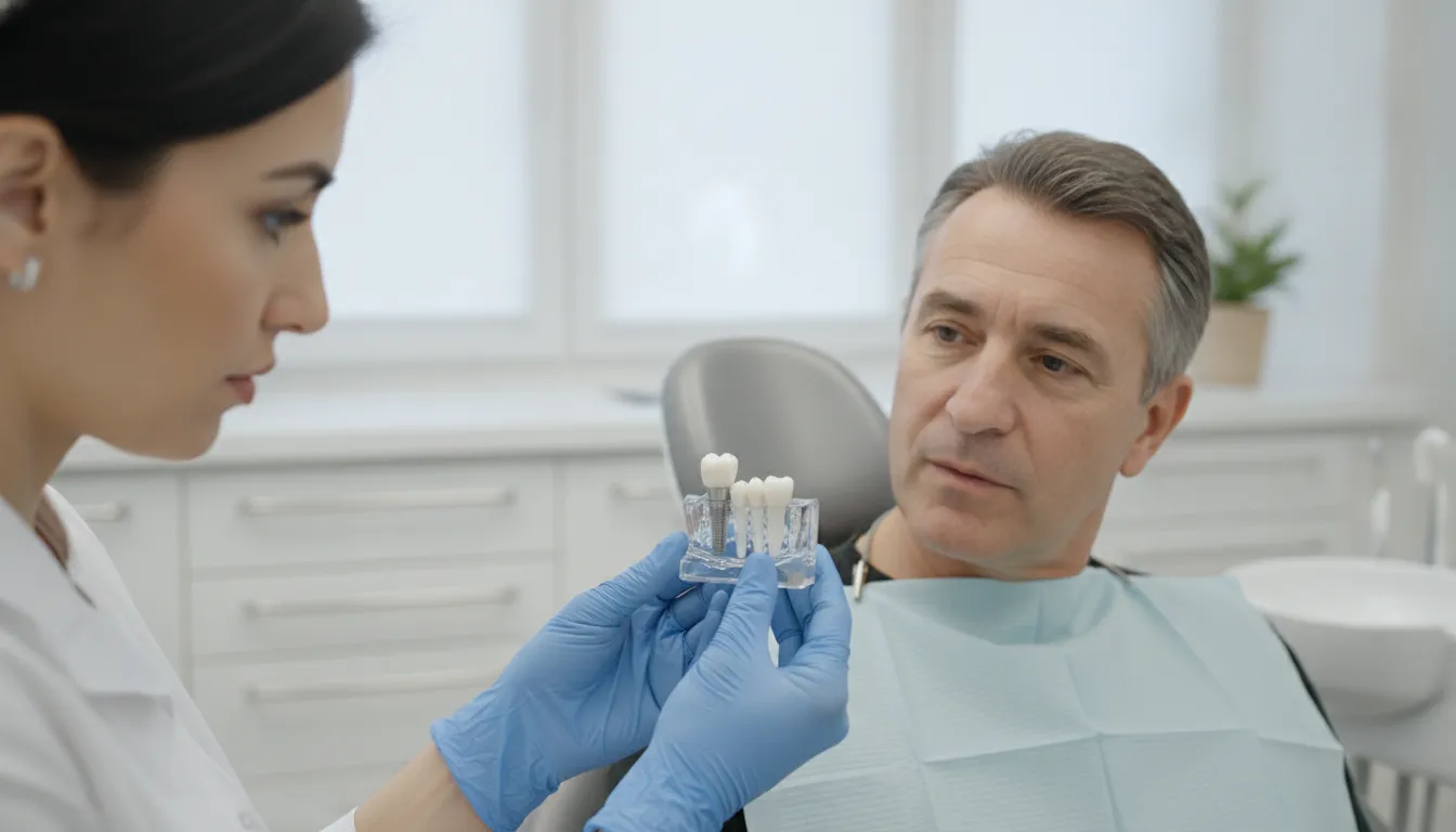 A prosthodontist explaining a dental implant and crown model to a patient