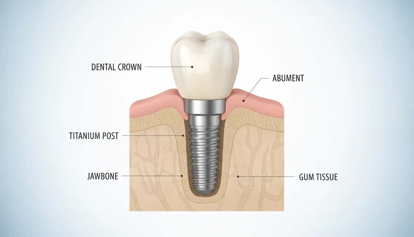 Cross-section diagram of a dental implant showing the titanium post in the jawbone and crown above the gumline
