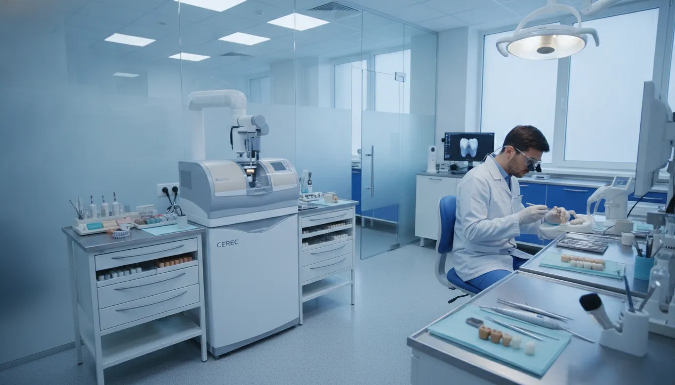 In-house dental laboratory with CEREC CAD/CAM milling machine and dental technician creating custom prosthetics