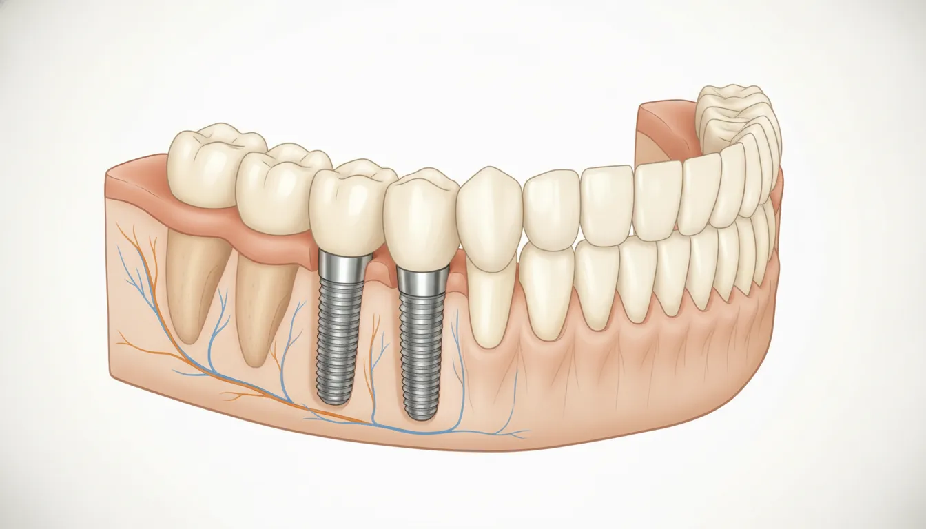 Educational illustration of full mouth dental implants supporting a complete dental arch