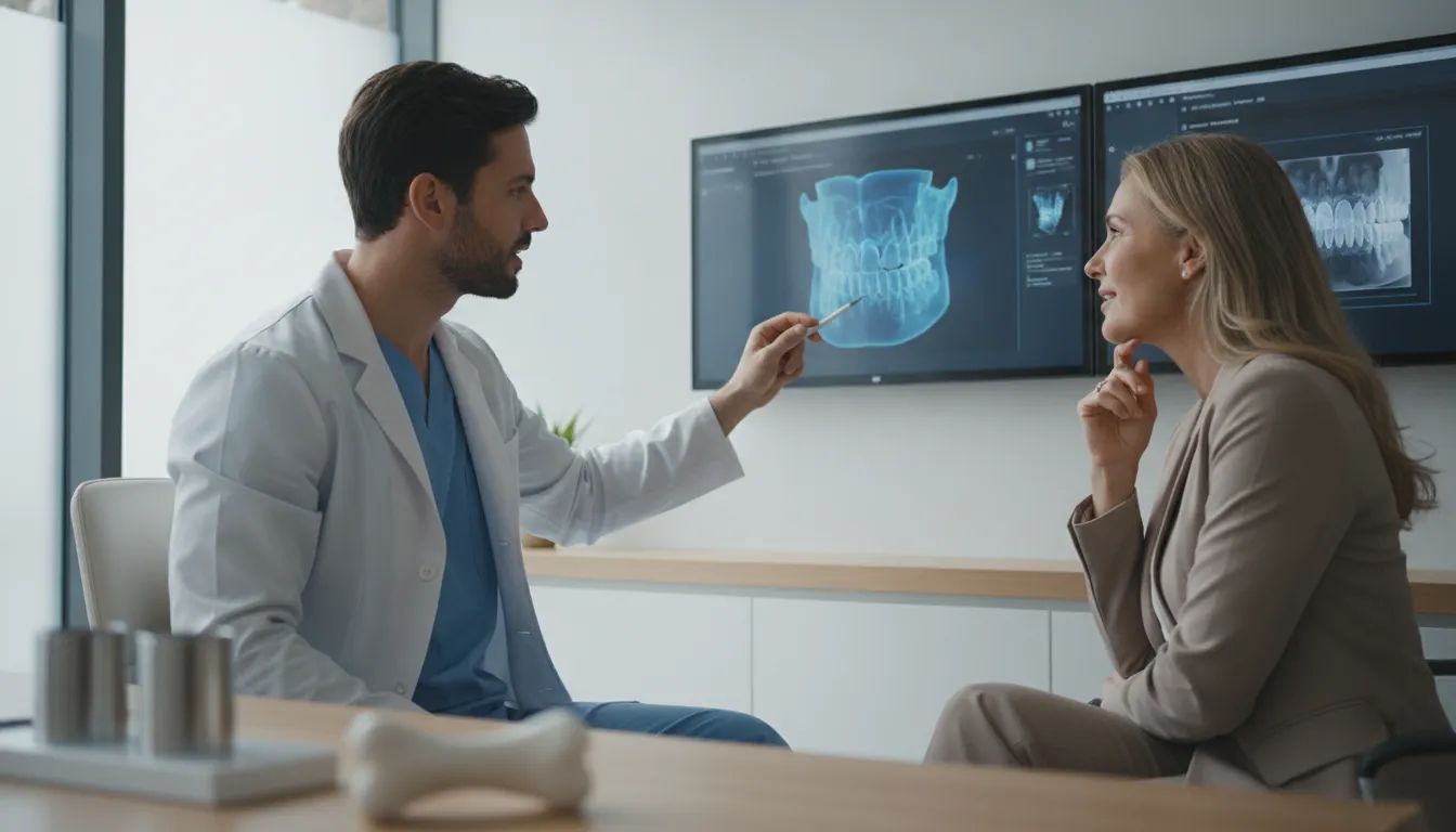 Prosthodontist reviewing digital full-arch treatment planning with a patient