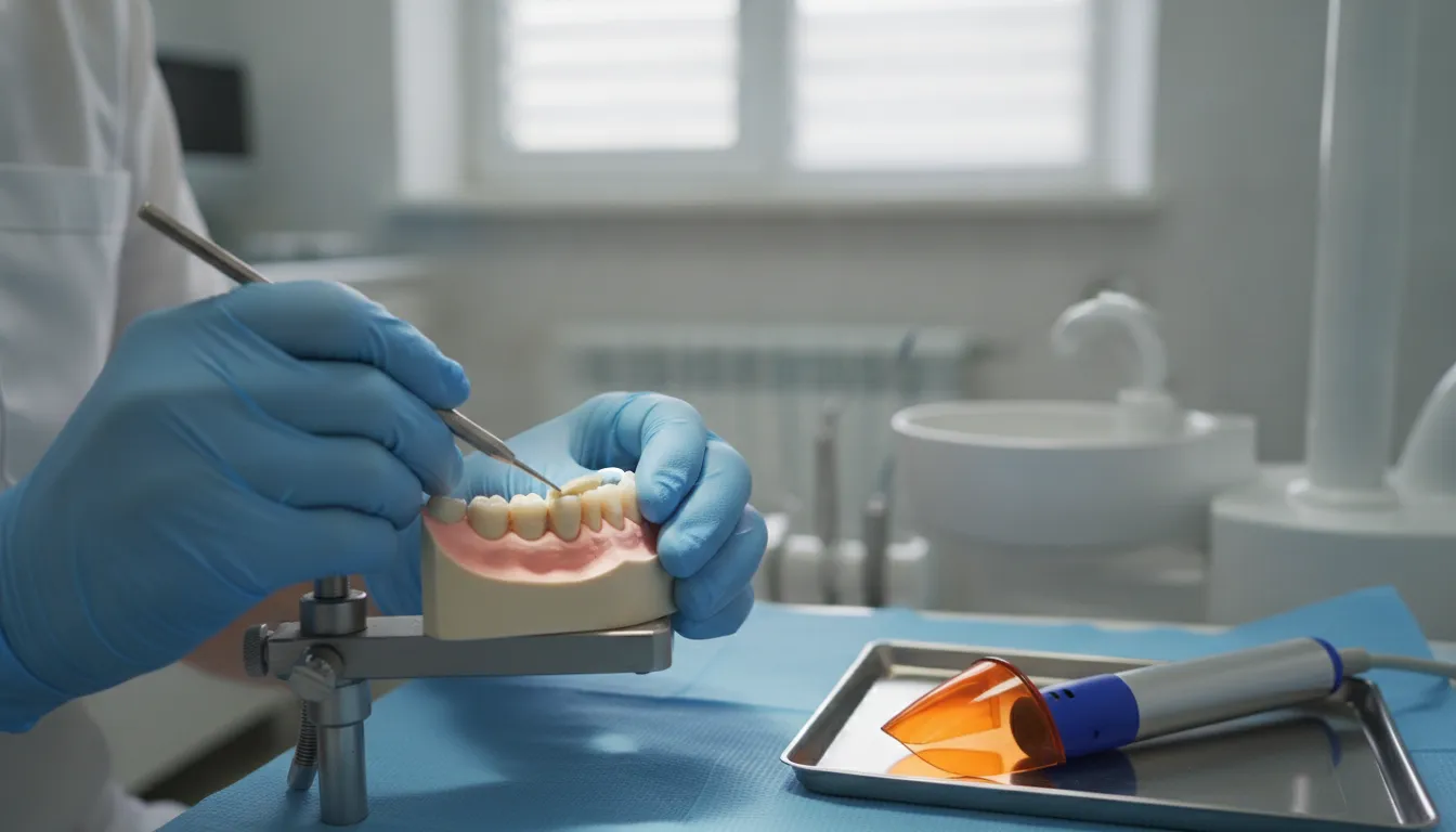 Illustration of composite resin being shaped on a tooth during dental bonding
