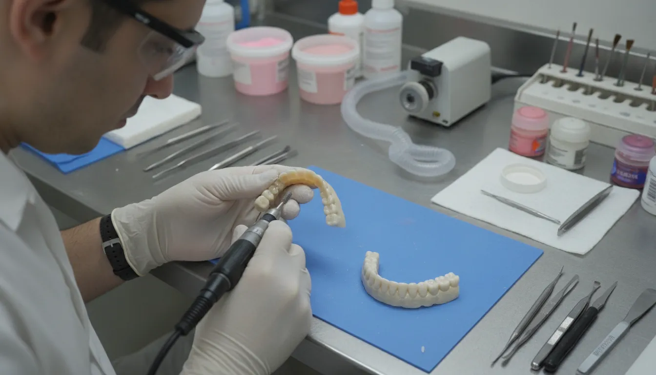 Temporary and final full-arch dental prostheses shown as part of a planned treatment sequence