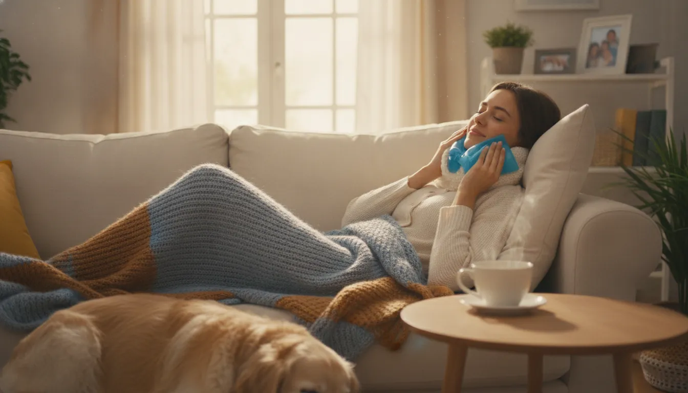 Patient recovering comfortably at home after dental implant surgery with a supportive recovery setup