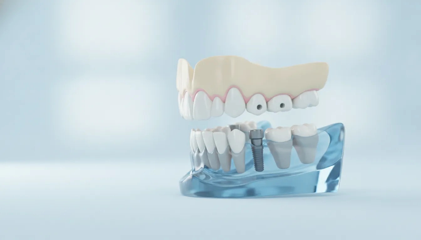 Illustration of a removable denture connecting to dental implant attachments