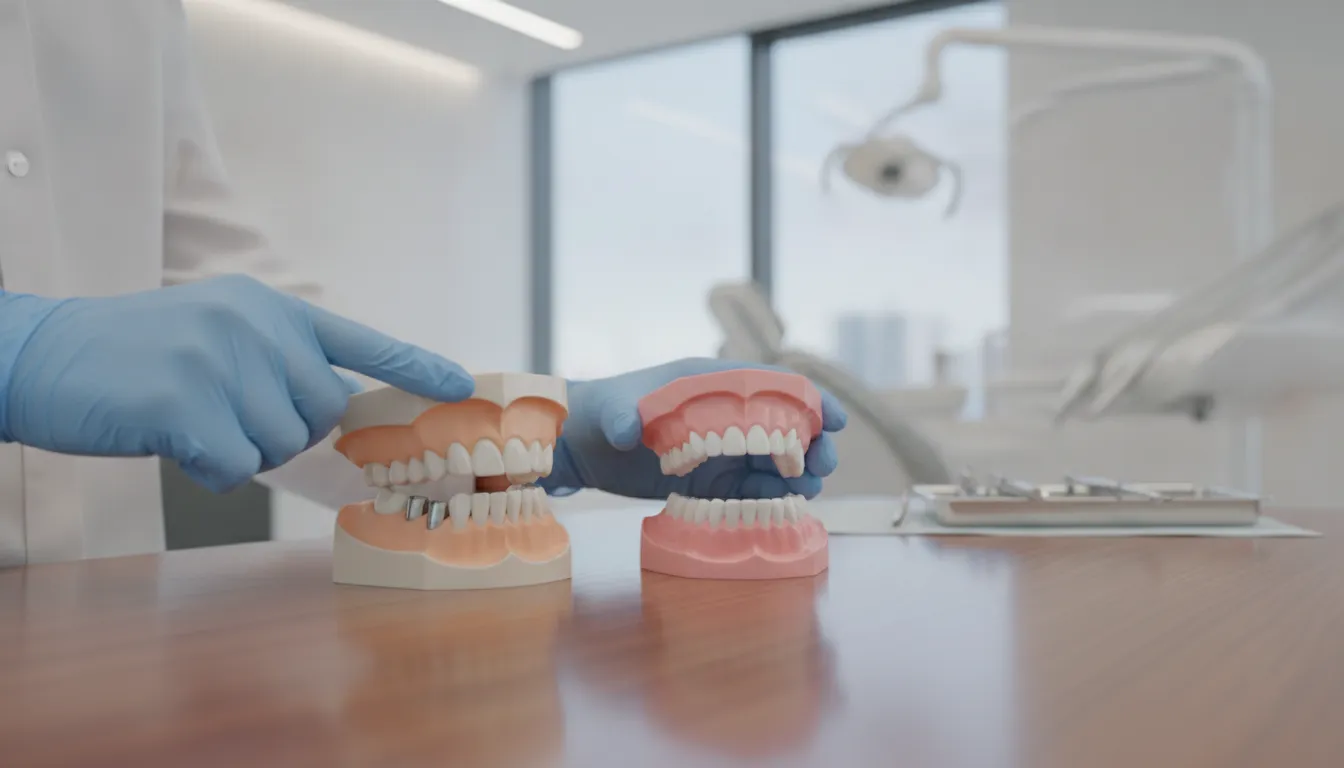 Dental models illustrating fixed implant support and removable denture support