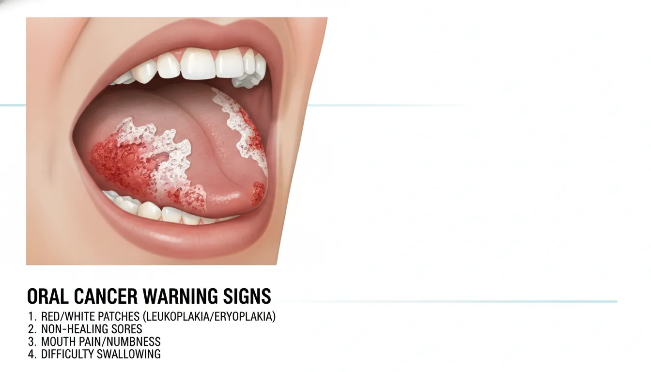 Medical illustration showing oral cancer warning signs including red and white patches inside the mouth
