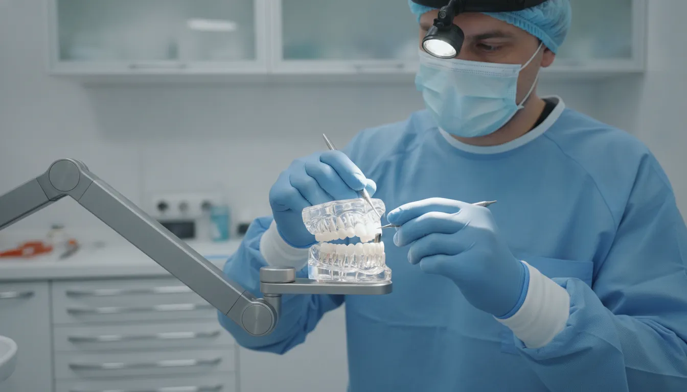 Dental specialist guiding pterygoid implant treatment planning in a modern clinical operatory