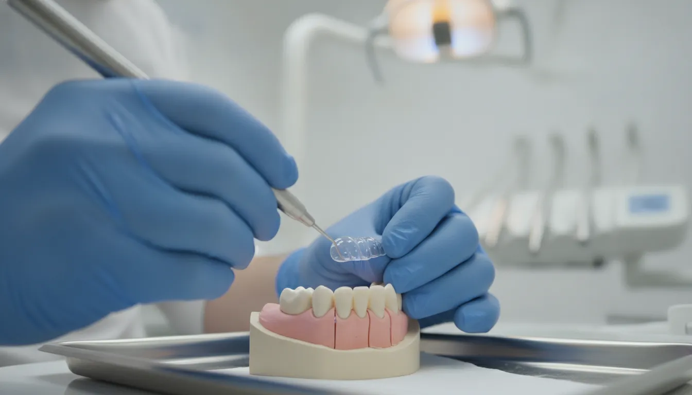Dentist bonding a thin porcelain veneer to a tooth in a modern dental office