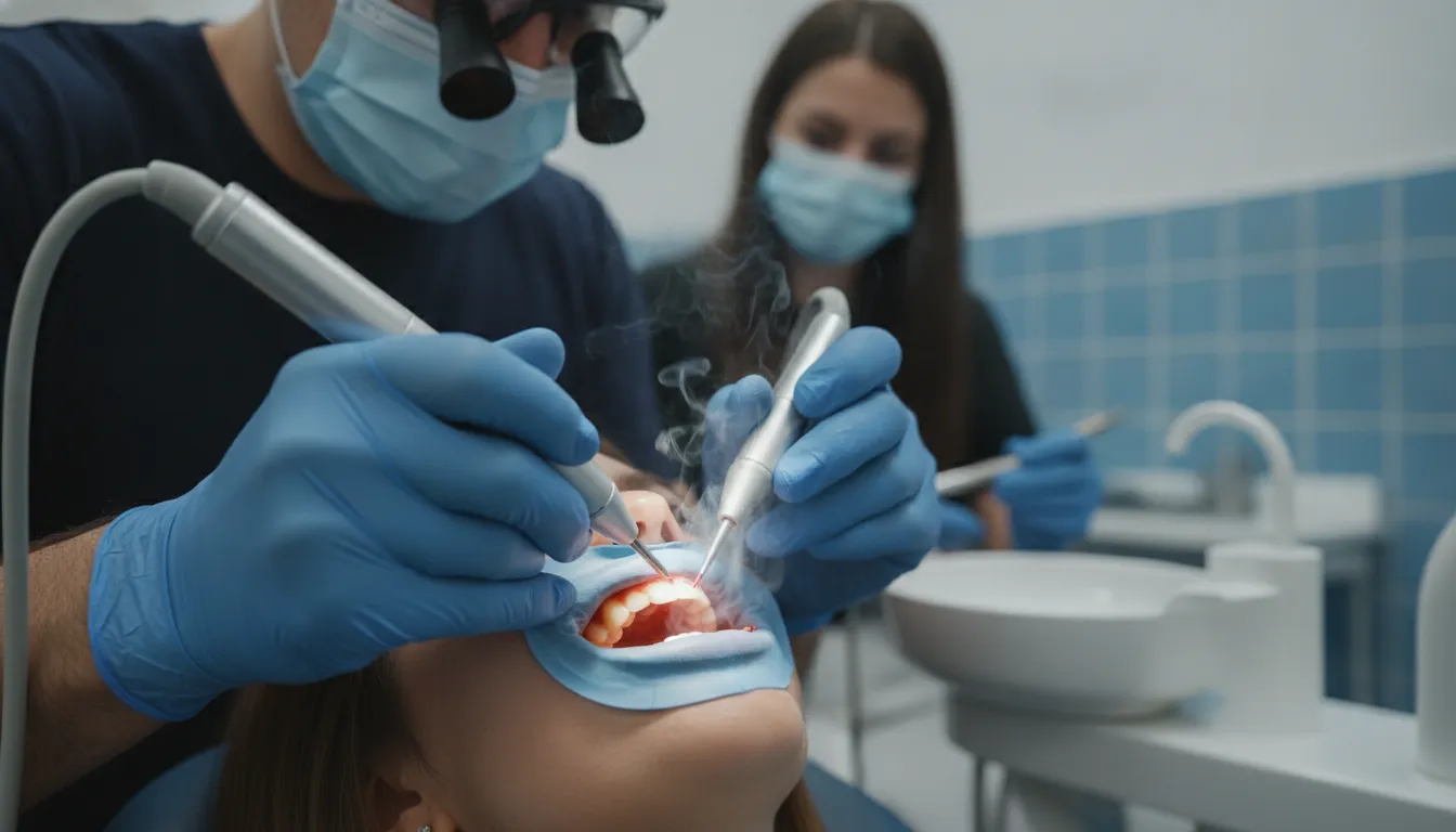 Dentist performing laser gum contouring on a patient in a modern dental office