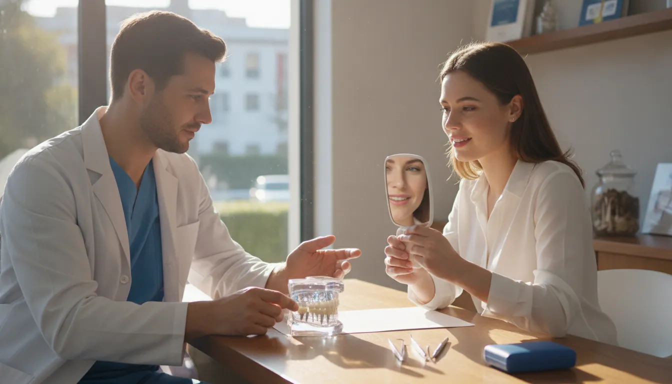 Dentist and patient reviewing a dental implant treatment plan together during a consultation