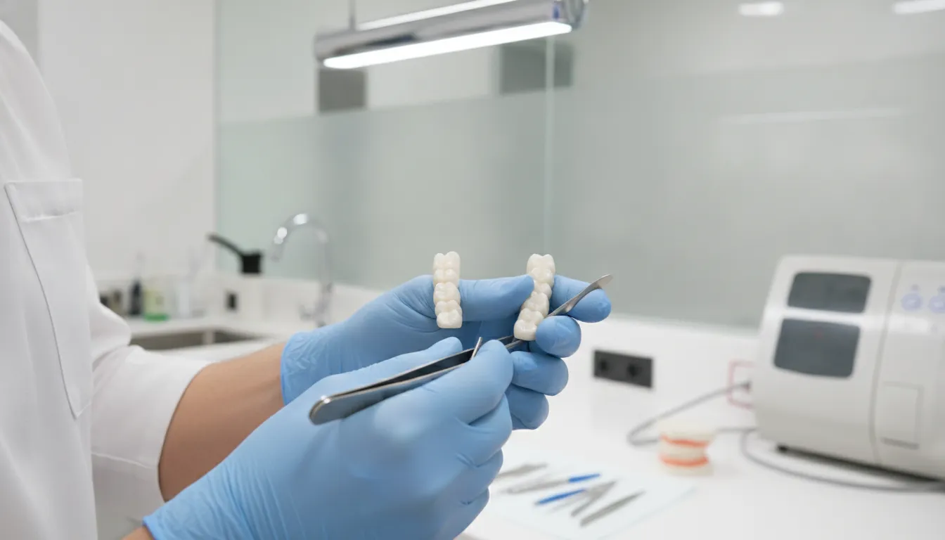 Close view of a prosthetic full-arch restoration being fitted by a dental clinician in a prosthodontic laboratory