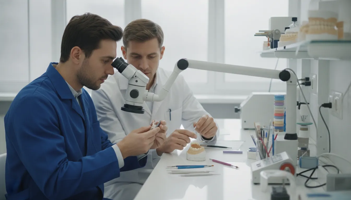 Prosthodontist and laboratory technician planning a custom implant restoration