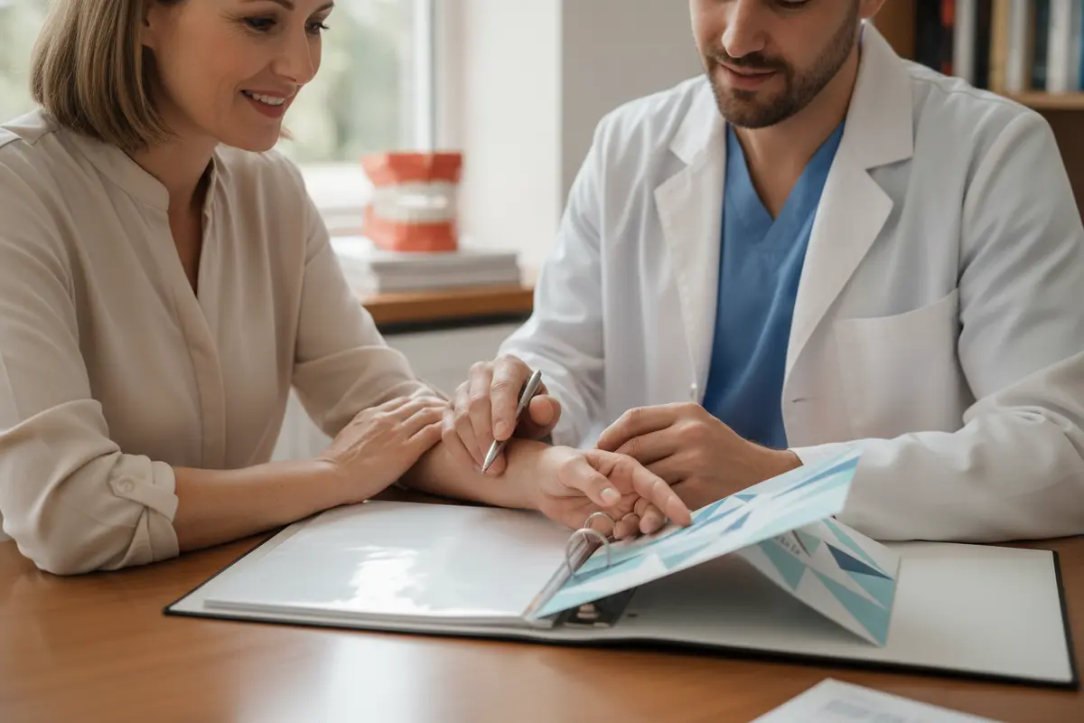 Patient and dental professional reviewing a dental implant estimate
