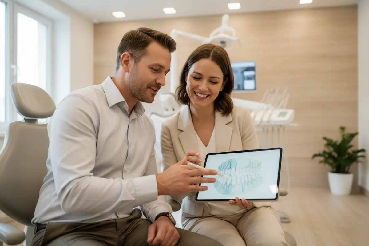 Patient and dentist reviewing a staged dental treatment plan together
