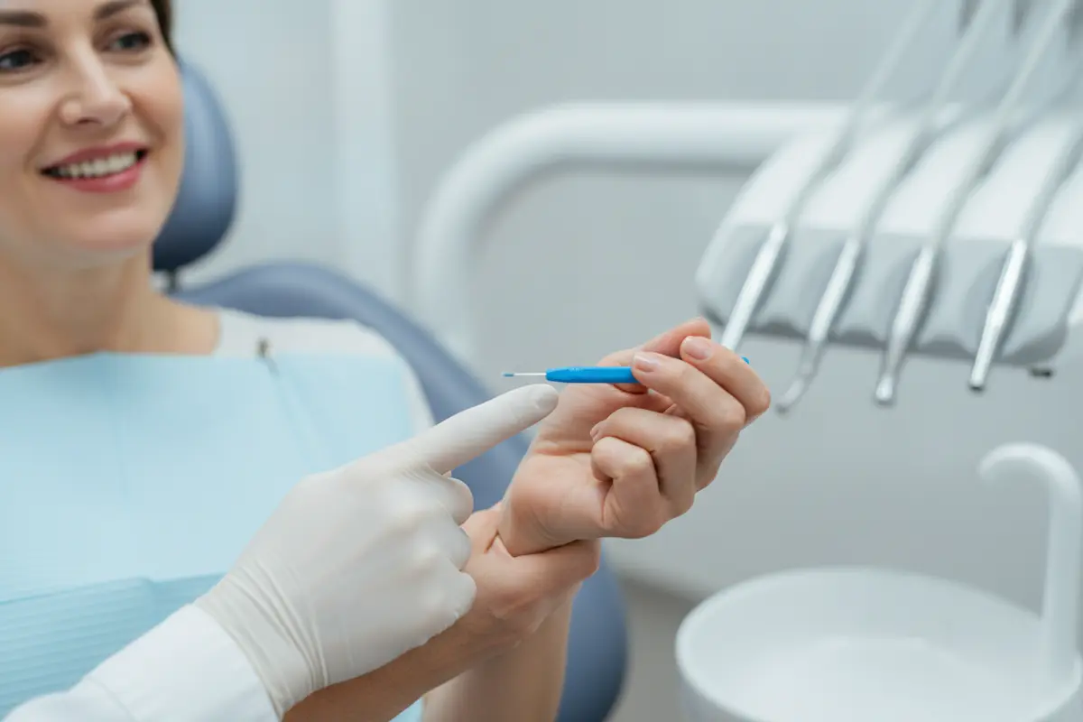 Patient demonstrating careful cleaning beneath a full-arch implant prosthesis