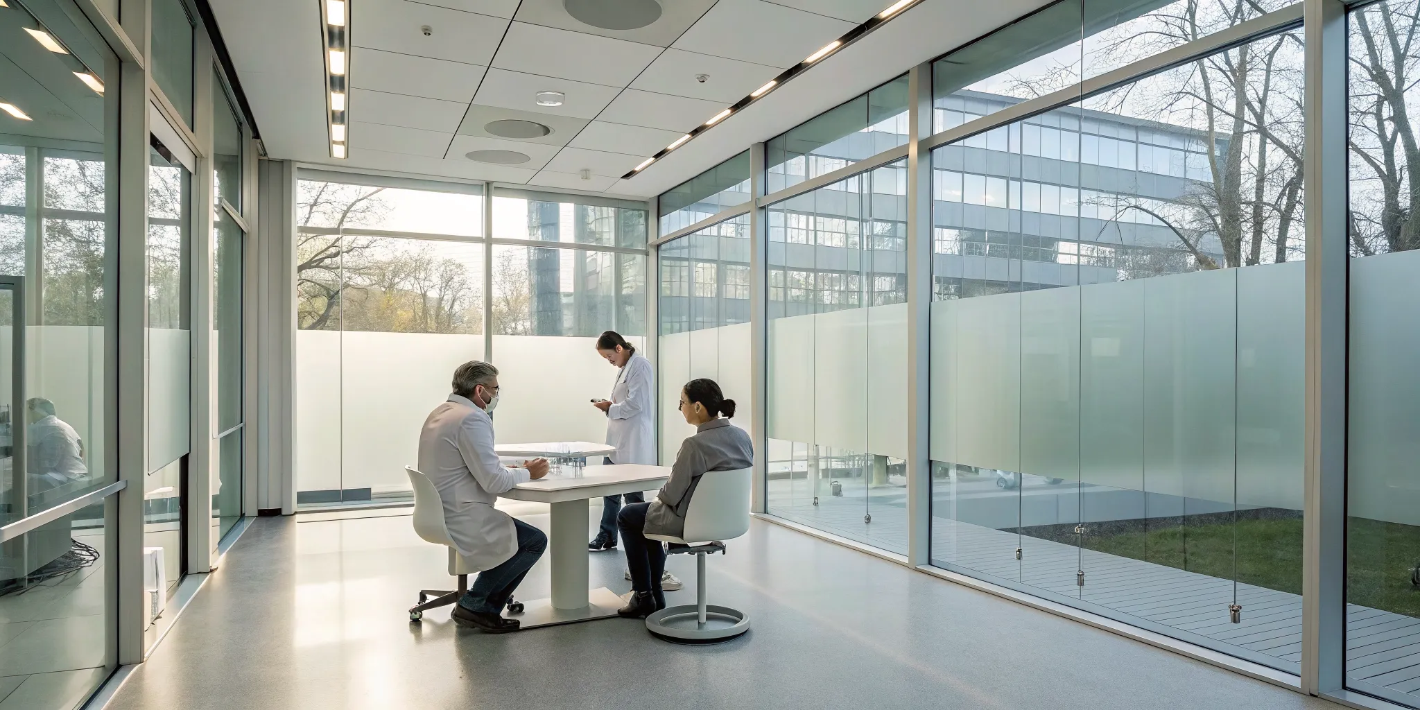 Periodontist and prosthodontist reviewing a dental implant treatment plan.