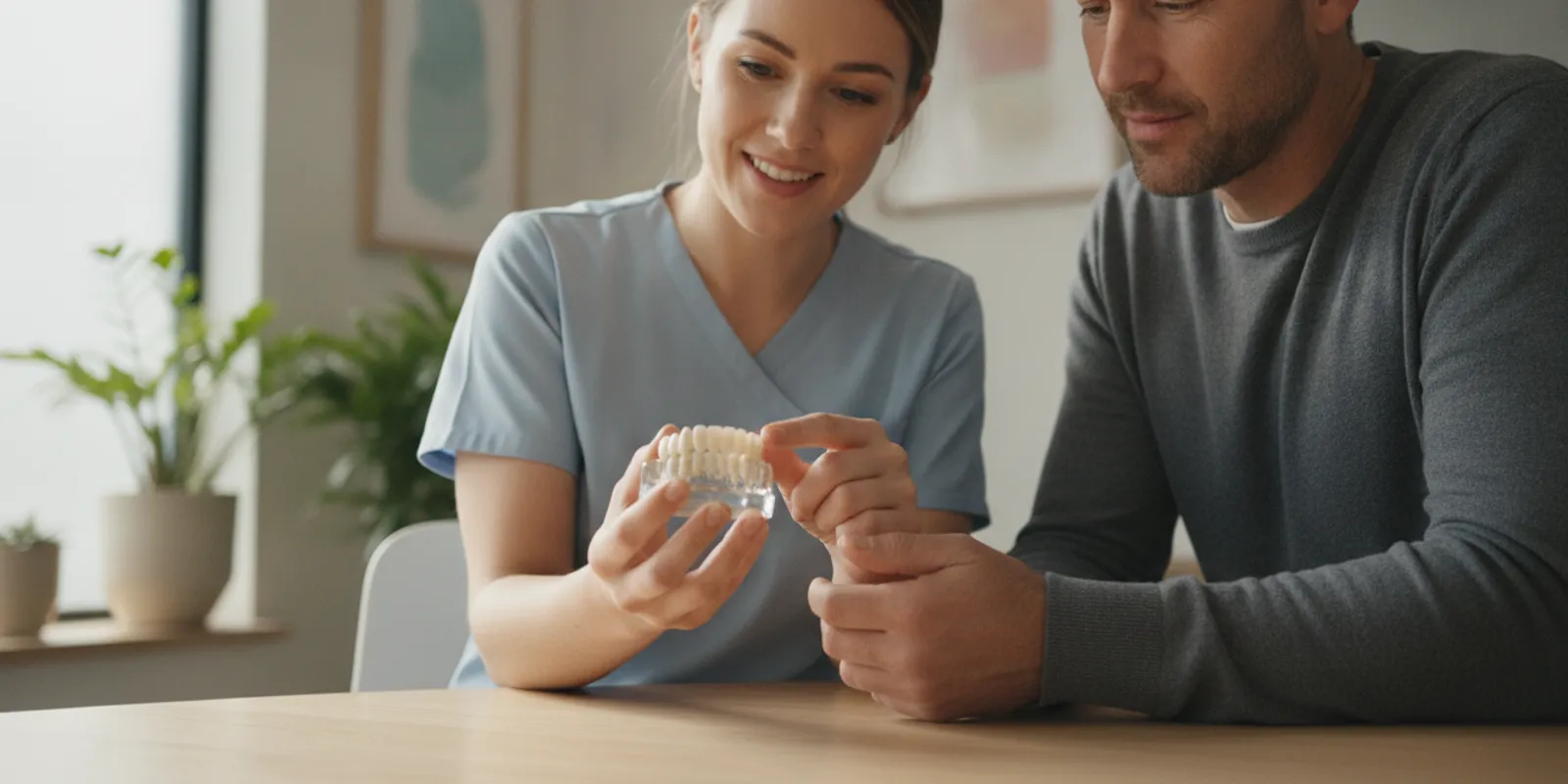 Dental model showing a porcelain-fused-to-metal bridge beside natural-looking teeth