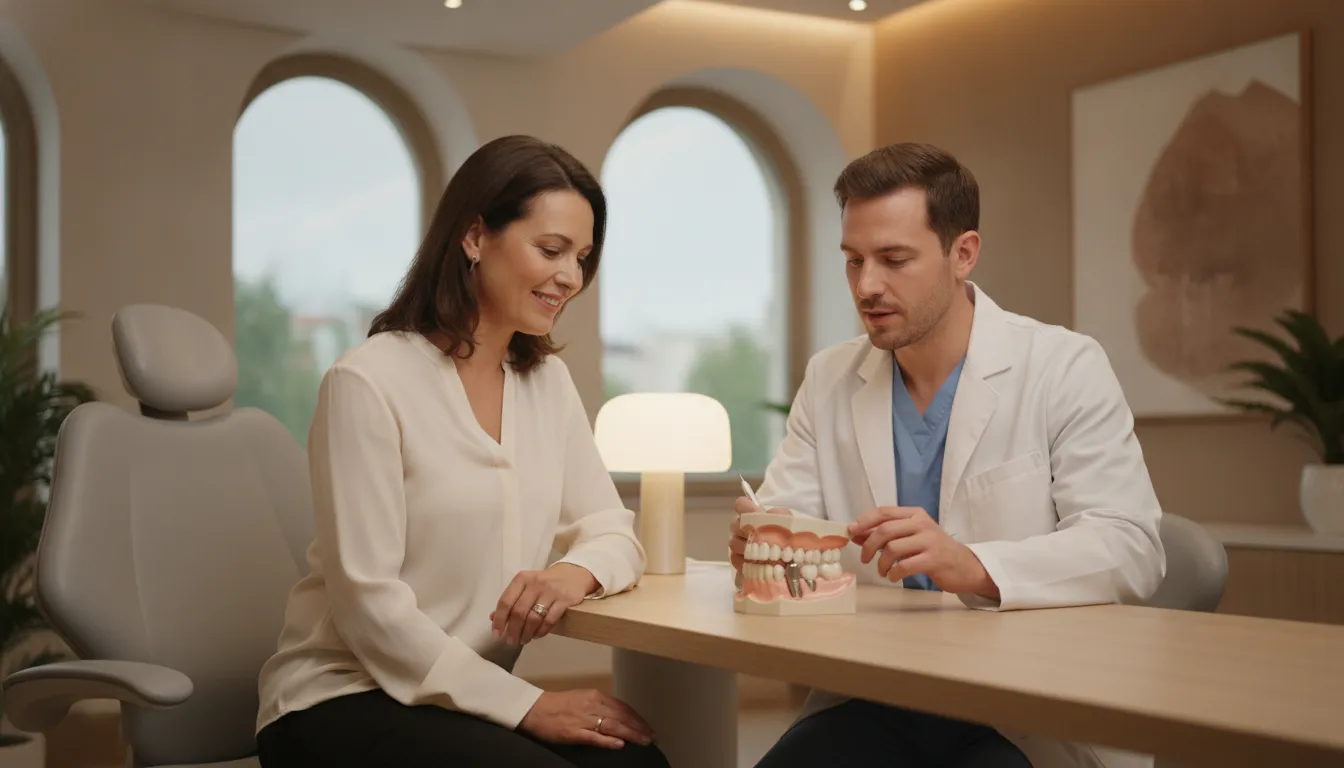 Patient discussing dental implant provider roles and restorative options with a specialist