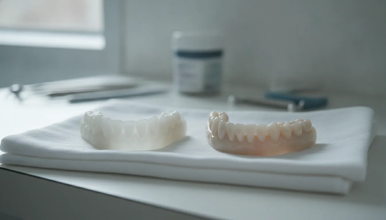 Acrylic temporary full-arch bridge beside a more finished ceramic bridge on a dental tray