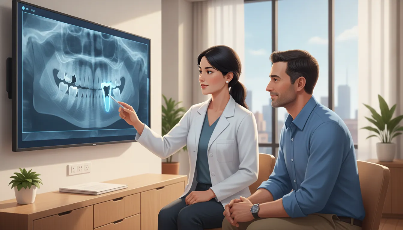 Prosthodontist reviewing a 3D dental implant plan with a patient