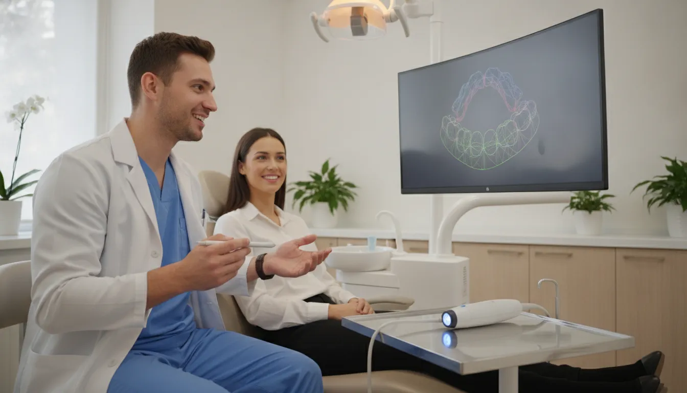 Digital smile design planning with photographs and dental records reviewed for treatment discussion