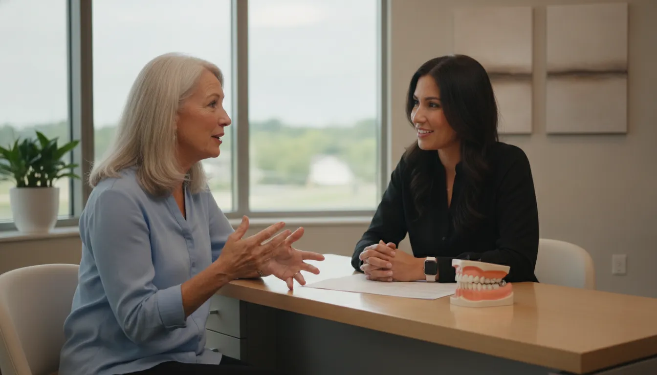 Patient discussing removable implant-supported dentures with a dental specialist