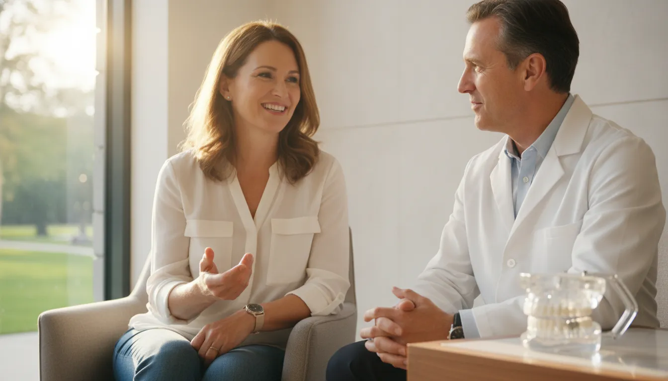 Patient discussing removable implant-supported teeth with a prosthodontist