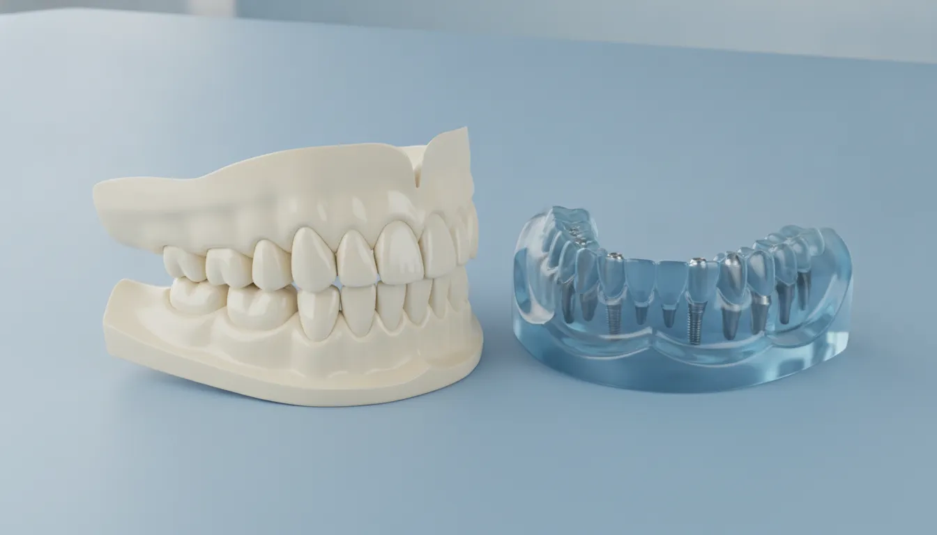 Illustration of a removable implant-supported denture connecting to jaw implants